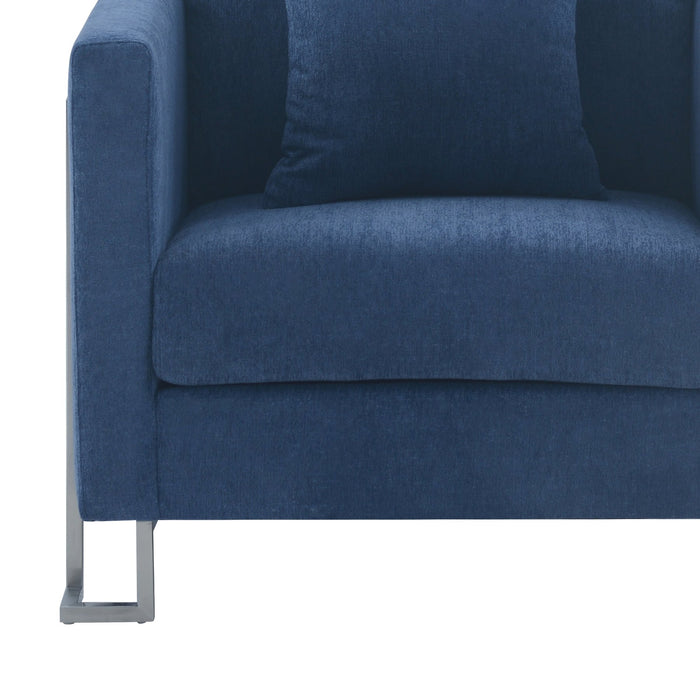 Heritage Blue Fabric Upholstered Accent Chair with Brushed Stainless Steel Legs