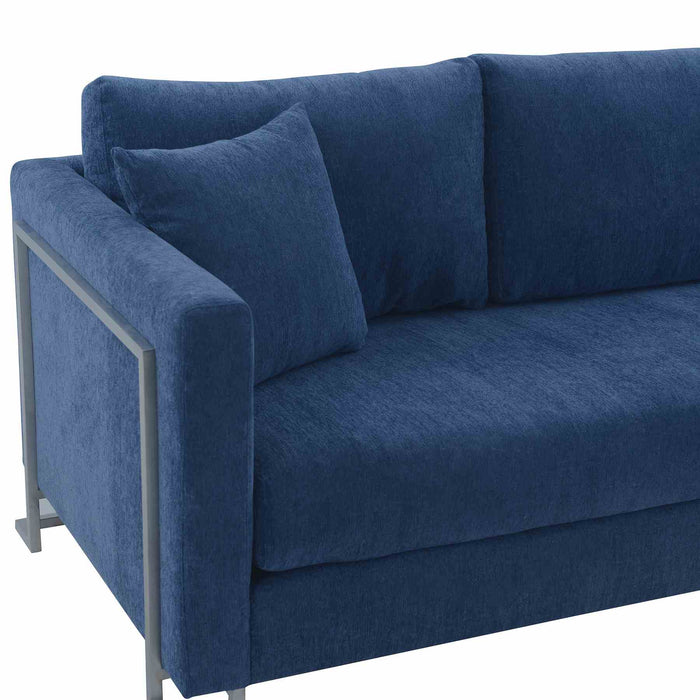 Heritage Blue Fabric Upholstered Sofa with Brushed Stainless Steel Legs