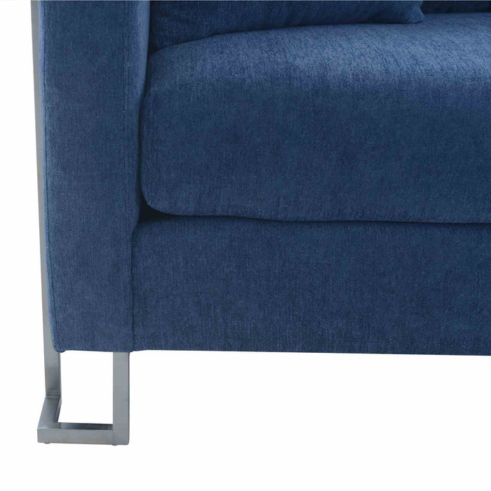 Heritage Blue Fabric Upholstered Sofa with Brushed Stainless Steel Legs