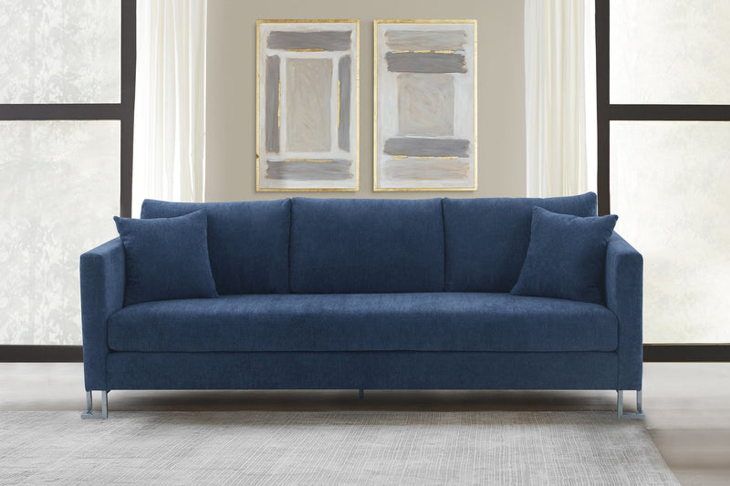 Heritage Blue Fabric Upholstered Sofa with Brushed Stainless Steel Legs - Furniture City (CA)l