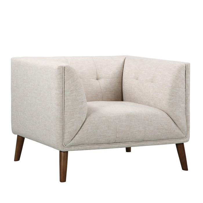 Hudson Mid-Century Button-Tufted Chair in Beige Linen and Walnut Legs