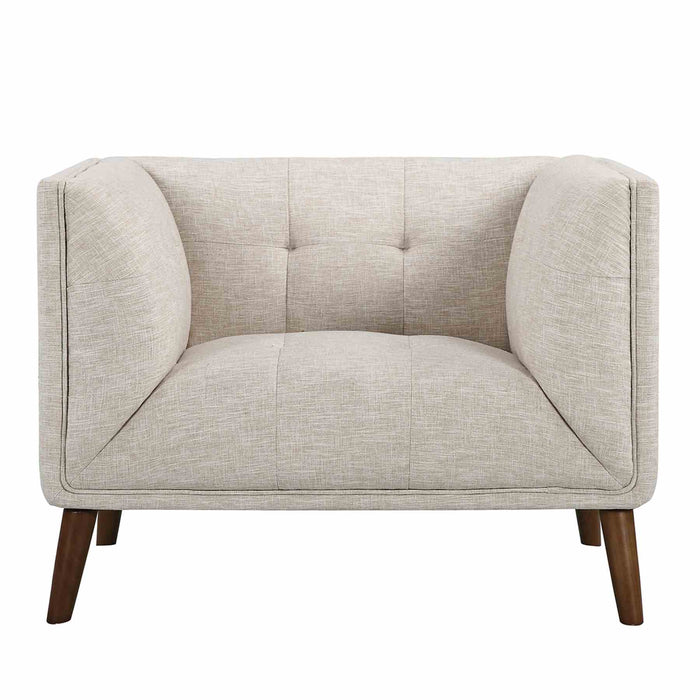 Hudson Mid-Century Button-Tufted Chair in Beige Linen and Walnut Legs