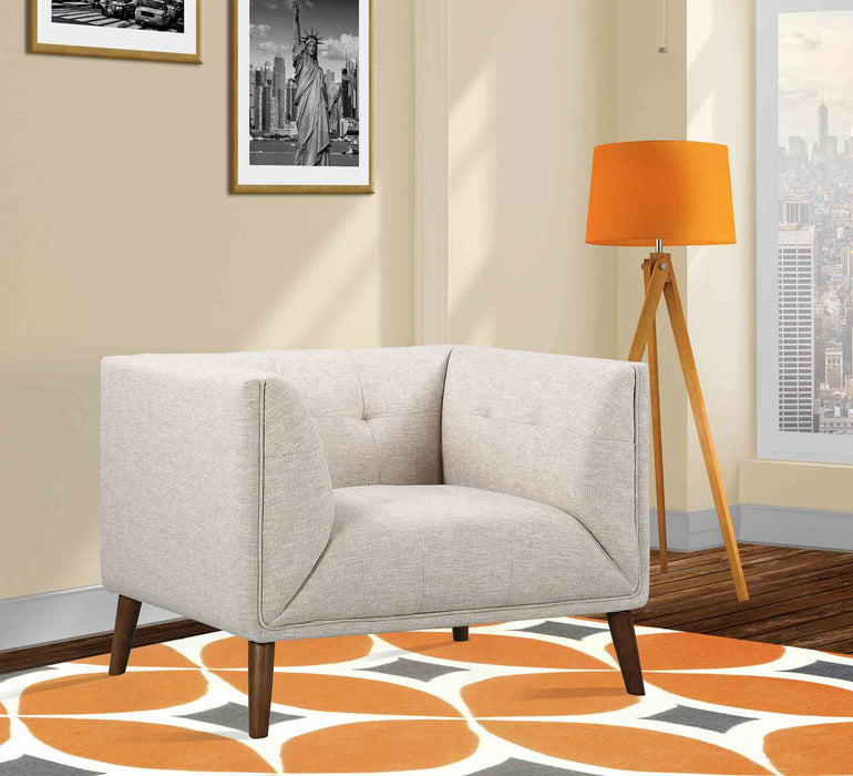 Hudson Mid-Century Button-Tufted Chair in Beige Linen and Walnut Legs