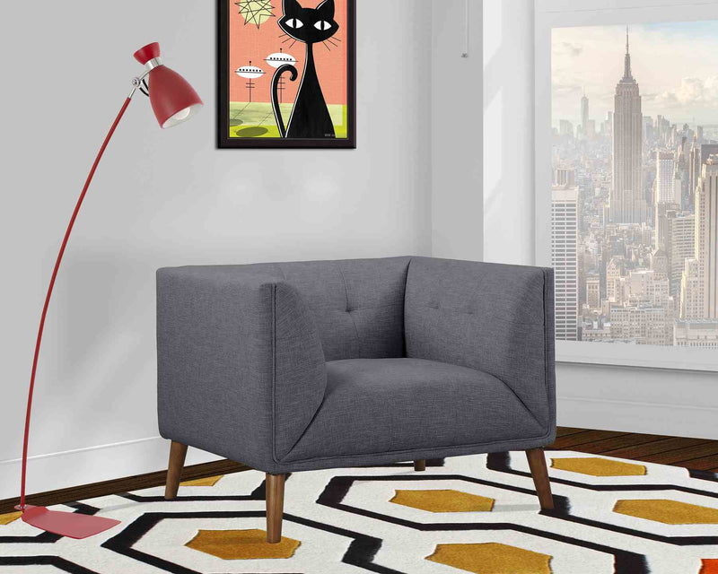 Hudson Mid-Century Button-Tufted Chair in Dark Gray Linen and Walnut Legs - Furniture City (CA)l