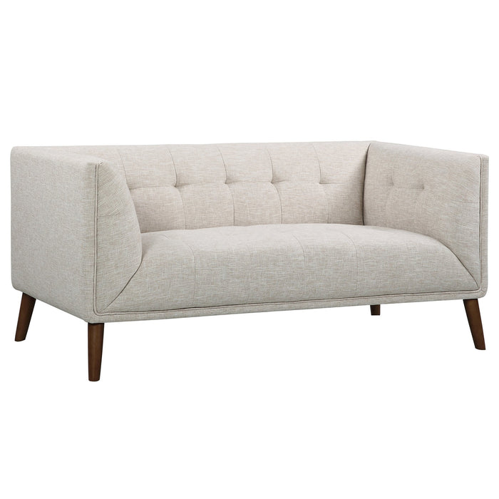 Hudson Mid-Century Button-Tufted Loveseat in Beige Linen and Walnut Legs