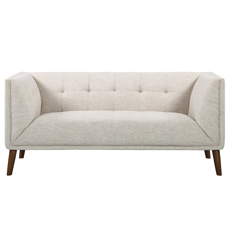 Hudson Mid-Century Button-Tufted Loveseat in Beige Linen and Walnut Legs - Furniture City (CA)l