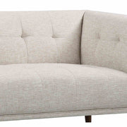 Hudson Mid-Century Button-Tufted Loveseat in Beige Linen and Walnut Legs - Furniture City (CA)l