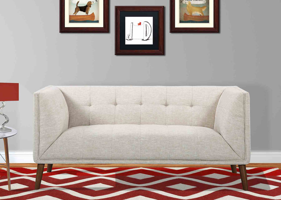 Hudson Mid-Century Button-Tufted Loveseat in Beige Linen and Walnut Legs