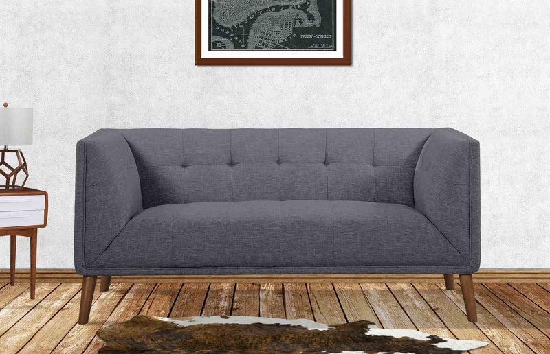 Hudson Mid-Century Button-Tufted Loveseat in Dark Gray Linen and Walnut Legs - Furniture City (CA)l