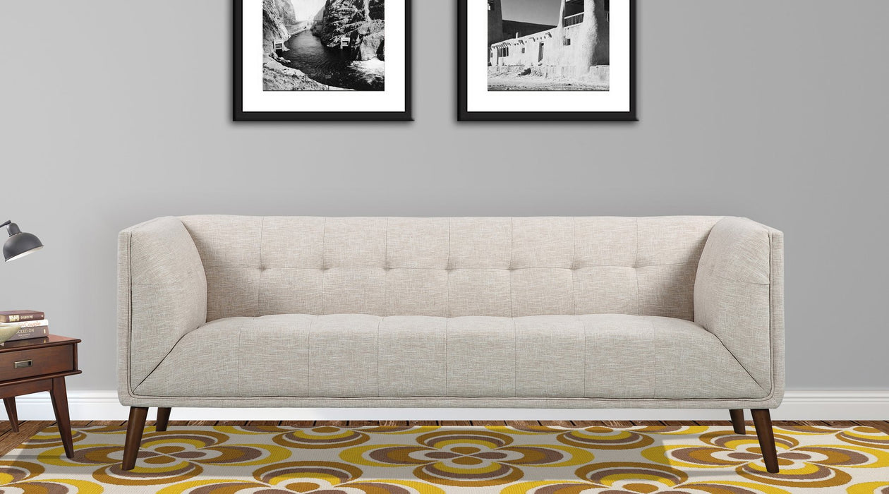 Hudson Mid-Century Button-Tufted Sofa in Beige Linen and Walnut Legs