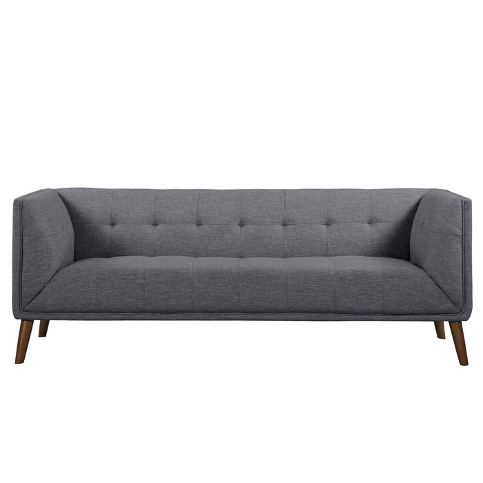 Hudson Mid-Century Button-Tufted Sofa in Dark Gray Linen and Walnut Legs