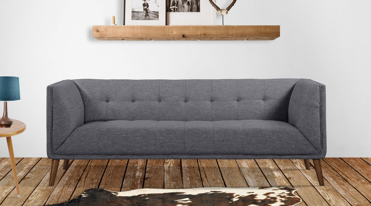 Hudson Mid-Century Button-Tufted Sofa in Dark Gray Linen and Walnut Legs