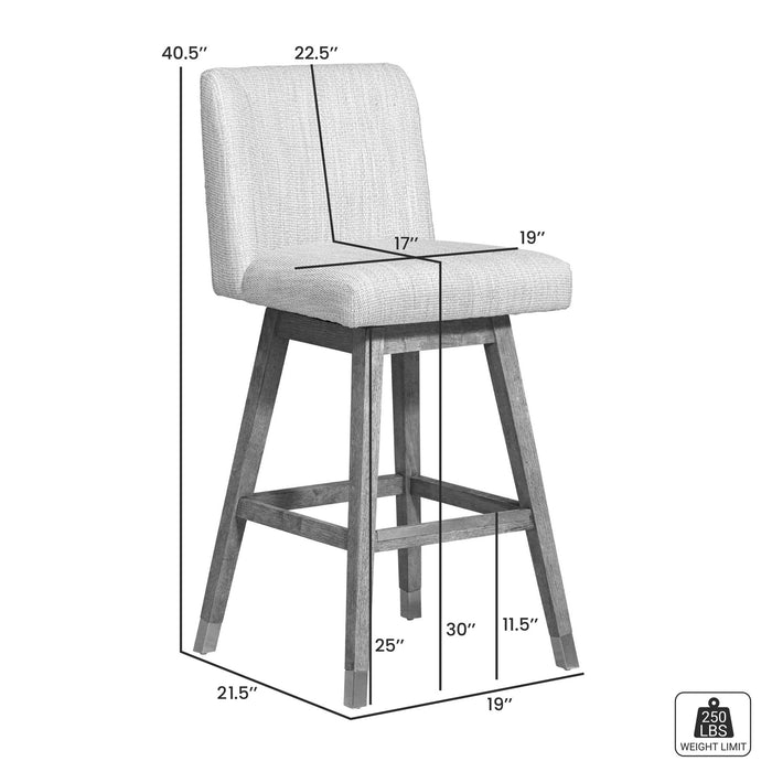 Isabella Swivel Bar Stool in Gray Oak Wood Finish with Pearl Fabric