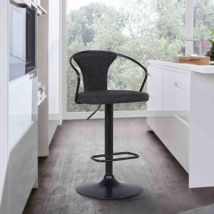 Ian Contemporary Adjustable Barstool in Black Powder Coated Finish and Black Fabric