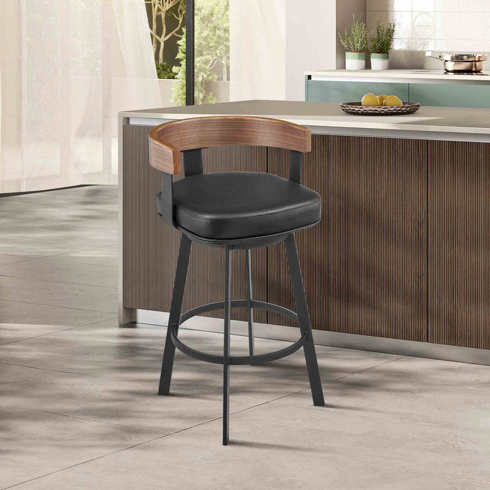 Idris 26" Swivel Counter Stool in Black Iron with Walnut Finish and Vintage Black Faux Leather
