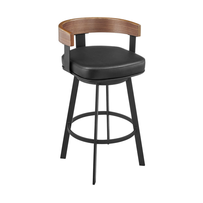 Idris 26" Swivel Counter Stool in Black Iron with Walnut Finish and Vintage Black Faux Leather