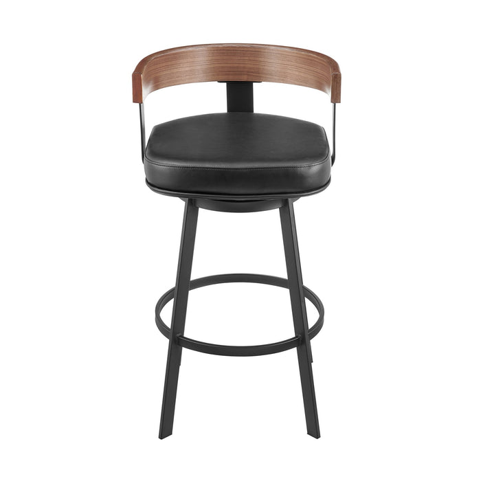 Idris 26" Swivel Counter Stool in Black Iron with Walnut Finish and Vintage Black Faux Leather