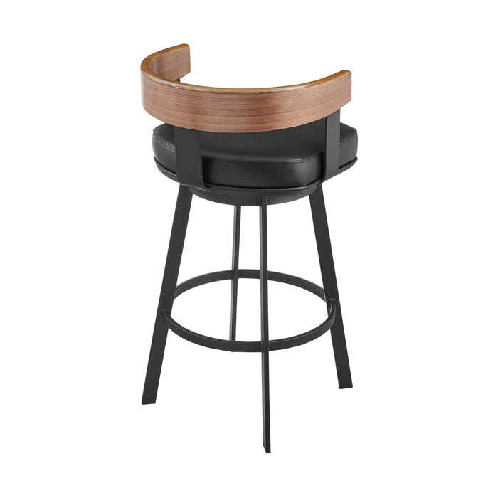Idris 26" Swivel Counter Stool in Black Iron with Walnut Finish and Vintage Black Faux Leather