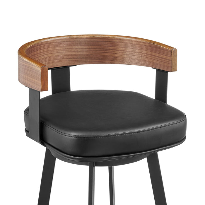 Idris 26" Swivel Counter Stool in Black Iron with Walnut Finish and Vintage Black Faux Leather
