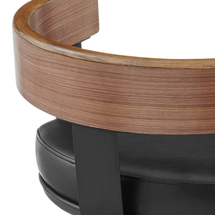 Idris 26" Swivel Counter Stool in Black Iron with Walnut Finish and Vintage Black Faux Leather