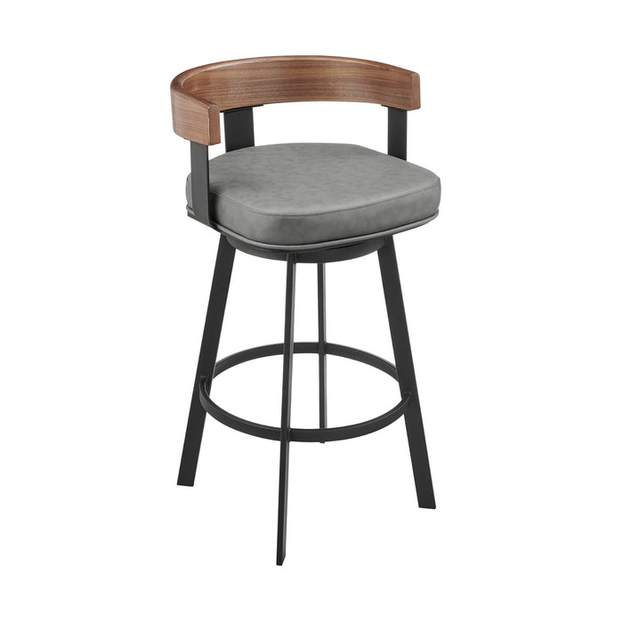 Idris 26" Swivel Counter Stool in Black Iron with Walnut Finish and Vintage Gray Faux Leather
