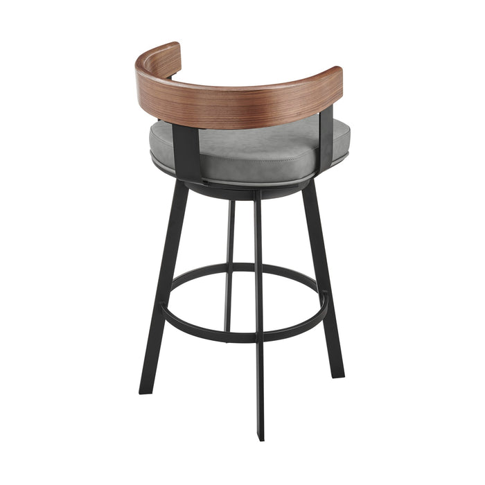 Idris 26" Swivel Counter Stool in Black Iron with Walnut Finish and Vintage Gray Faux Leather