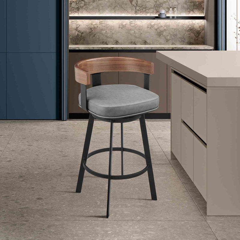 Idris 30" Swivel Bar Stool in Black Iron with Walnut Finish and Vintage Gray Faux Leather - Furniture City (CA)l