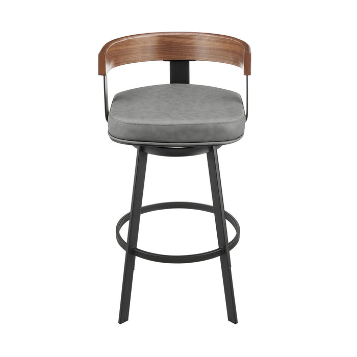 Idris 30" Swivel Bar Stool in Black Iron with Walnut Finish and Vintage Gray Faux Leather
