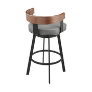 Idris 30" Swivel Bar Stool in Black Iron with Walnut Finish and Vintage Gray Faux Leather - Furniture City (CA)l