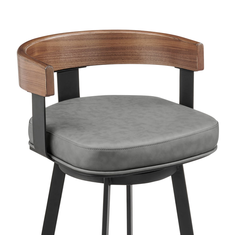 Idris 30" Swivel Bar Stool in Black Iron with Walnut Finish and Vintage Gray Faux Leather - Furniture City (CA)l