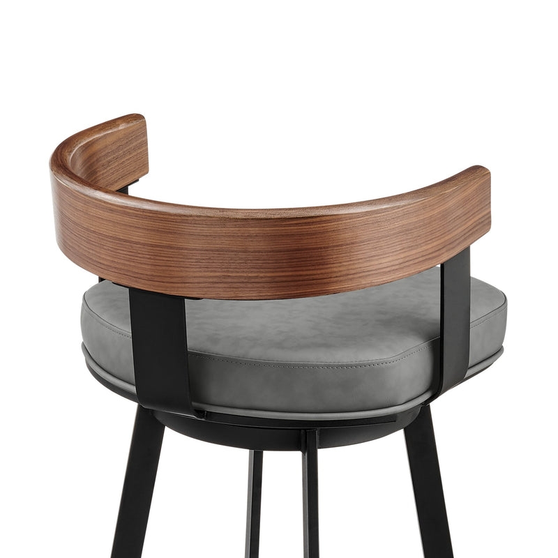 Idris 30" Swivel Bar Stool in Black Iron with Walnut Finish and Vintage Gray Faux Leather - Furniture City (CA)l
