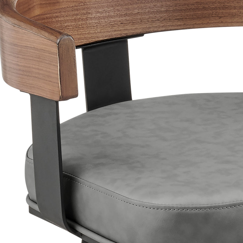 Idris 30" Swivel Bar Stool in Black Iron with Walnut Finish and Vintage Gray Faux Leather - Furniture City (CA)l