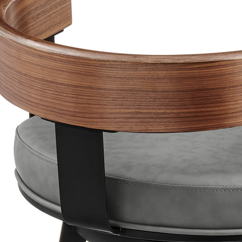 Idris 30" Swivel Bar Stool in Black Iron with Walnut Finish and Vintage Gray Faux Leather - Furniture City (CA)l
