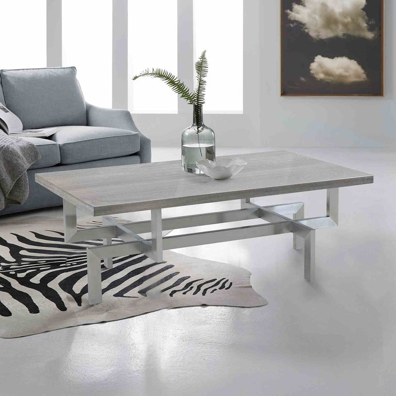 Illusion Gray Wood Coffee Table with Brushed Stainless Steel Base - Furniture City (CA)l