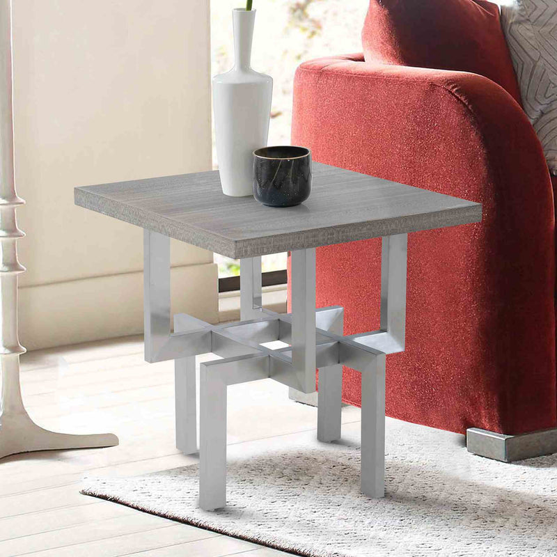 Illusion Gray Wood End Table with Brushed Stainless Steel Base - Furniture City (CA)l