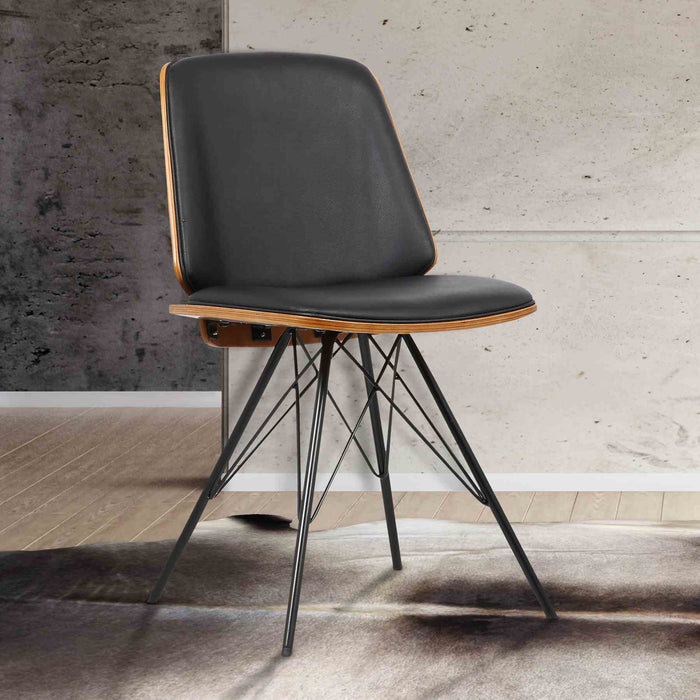 Inez Mid-Century Dining Chair in Black Faux Leather with Black Powder Coated Metal Legs and Walnut Veneer Back