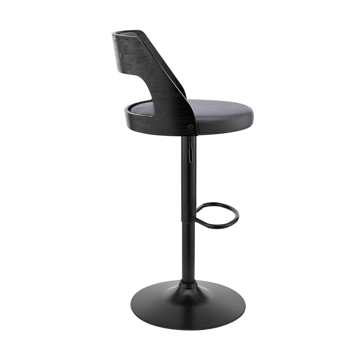 Itzan Adjustable Swivel Gray Faux Leather and Black Wood Bar Stool with Black Base