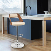 Itzan Adjustable Swivel Cream Faux Leather and Walnut Wood Bar Stool with Chrome Base - Furniture City (CA)l