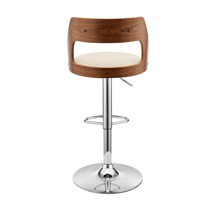 Itzan Adjustable Swivel Cream Faux Leather and Walnut Wood Bar Stool with Chrome Base