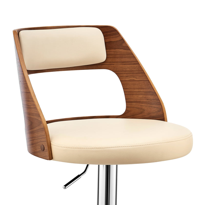 Itzan Adjustable Swivel Cream Faux Leather and Walnut Wood Bar Stool with Chrome Base - Furniture City (CA)l
