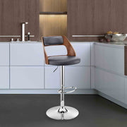 Itzan Adjustable Swivel Gray Faux Leather and Walnut Wood Bar Stool with Chrome Base - Furniture City (CA)l