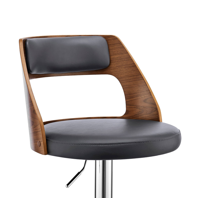Itzan Adjustable Swivel Gray Faux Leather and Walnut Wood Bar Stool with Chrome Base - Furniture City (CA)l