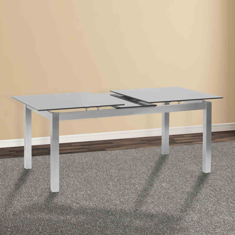 Ivan Extension Dining Table in Brushed Stainless Steel and Gray Tempered Glass Top - Furniture City (CA)l