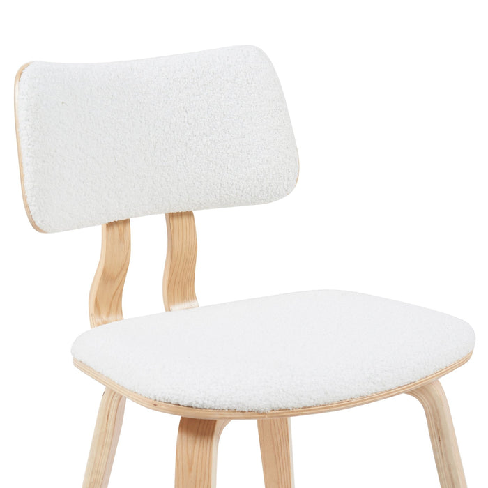 Jaguar Mid-Century Upholstered Dining Chair in White Boucle and Patterned Oak Finish