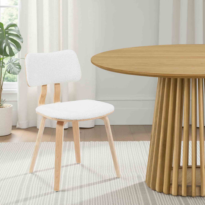 Jaguar Mid-Century Upholstered Dining Chair in White Boucle and Patterned Oak Finish