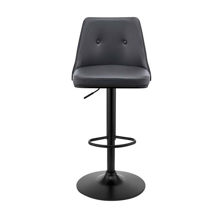 Jacob Adjustable Swivel Gray Faux Leather and Black Wood Bar Stool with Black Base