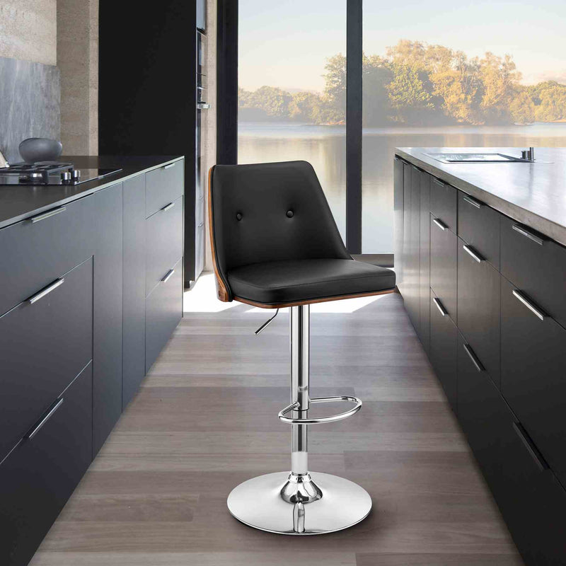 Jacob Adjustable Swivel Black Faux Leather and Walnut Wood Bar Stool with Chrome Base - Furniture City (CA)l