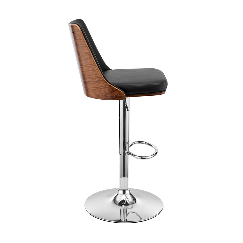 Jacob Adjustable Swivel Black Faux Leather and Walnut Wood Bar Stool with Chrome Base - Furniture City (CA)l