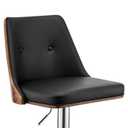 Jacob Adjustable Swivel Black Faux Leather and Walnut Wood Bar Stool with Chrome Base - Furniture City (CA)l