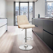 Jacob Adjustable and Swivel Cream Faux Leather and Walnut Wood Bar Stool with Chrome Base - Furniture City (CA)l